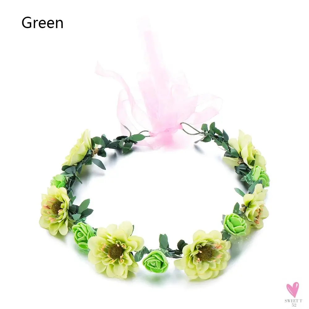 Rustic Wedding/Bridesmaid Hair Accessories - 1 pc Women's Floral Wreath, Pink Rose Flower Garland Headpiece with Adjustable Ribbon