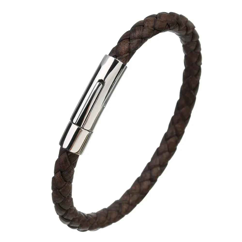 Men's Multicolor Stainless Steel Button Leather Bracelet - Braided Leather, Magnetic Clasp. Chain Link Type.