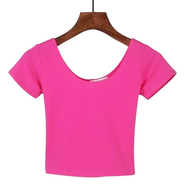 Women's U-Neck Crop Top T-Shirt in Solid Colors With Spandex