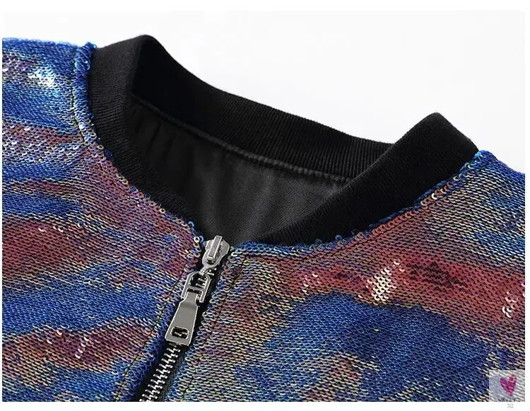 Hip Hop Sequined Night Club Jacket, Rainbow Gradient Patchwork, Round Neck, Long Sleeved Jacket for Women and Girls