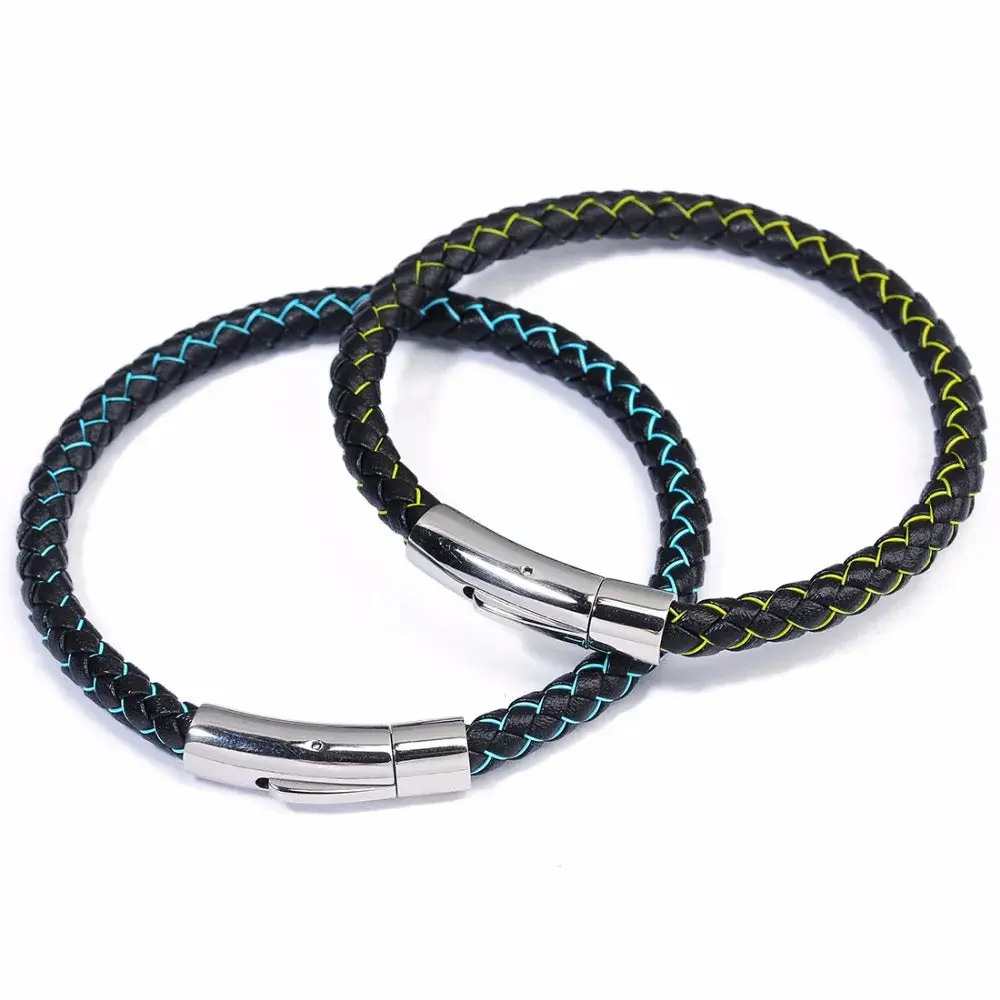 Men's Multicolor Stainless Steel Button Leather Bracelet - Braided Leather, Magnetic Clasp. Chain Link Type.