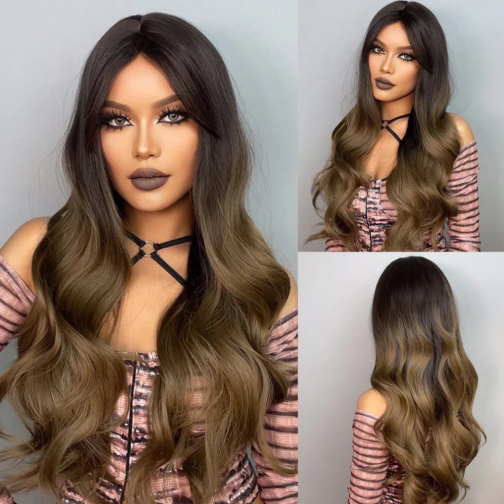 Long Wavy Synthetic Wigs, Long Wavy Ombre Wigs with Bangs for Women, Heat Resistant