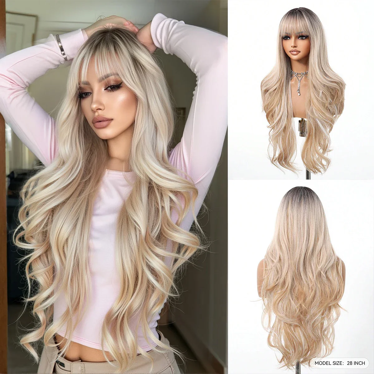 Long Wavy Synthetic Wigs, Long Wavy Ombre Wigs with Bangs for Women, Heat Resistant