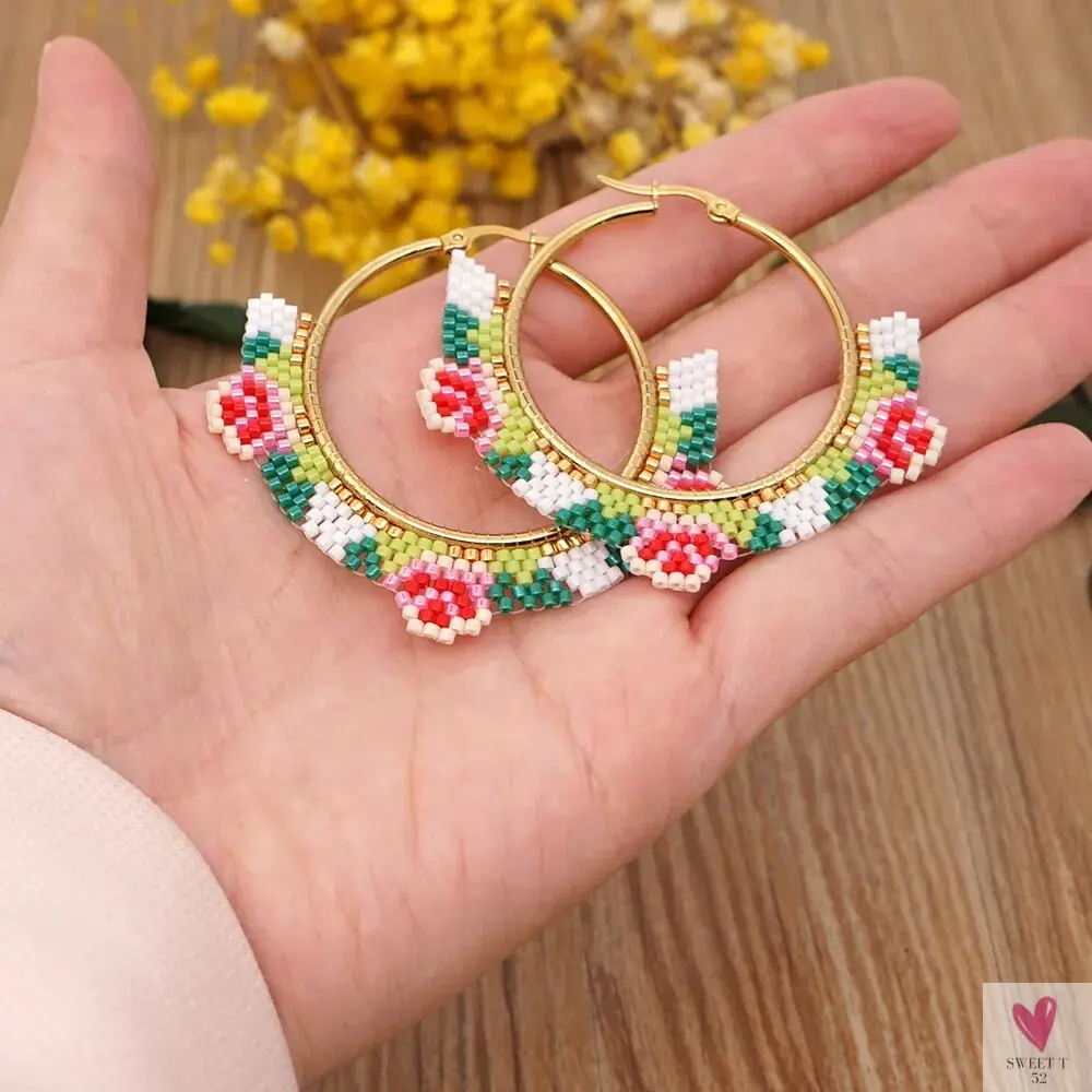 Hoop Earrings/Stainless Steel Earrings - Miyuki Beaded Earrings for Women & Girls,Trendy Bohemian Pendientes