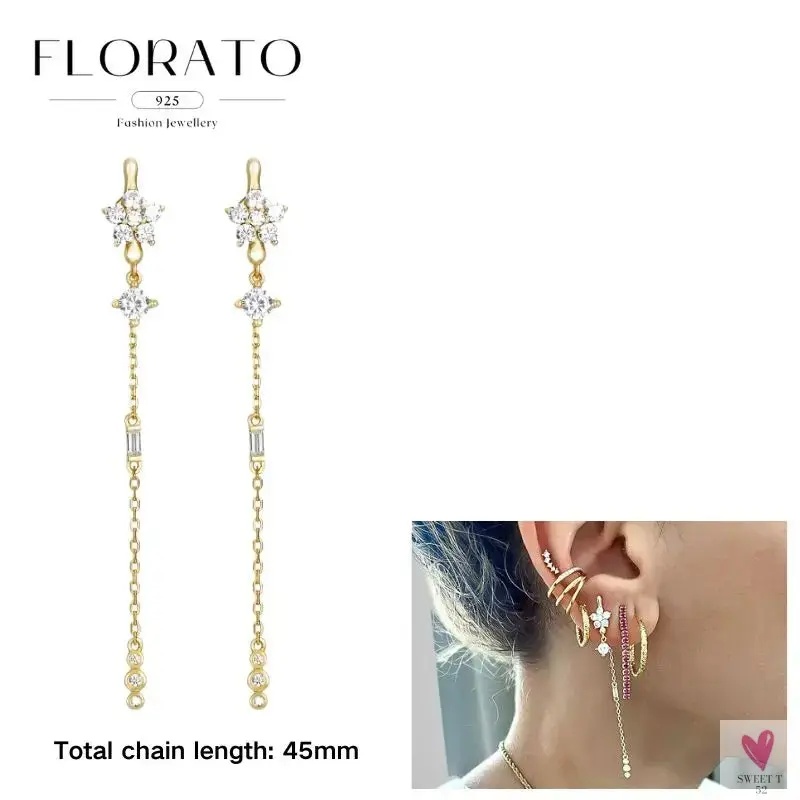 925 Sterling Silver Long Chain Tassel Drop Earrings for Women - Crystal Zircon Star Perforation Earrings, Fine Jewelry