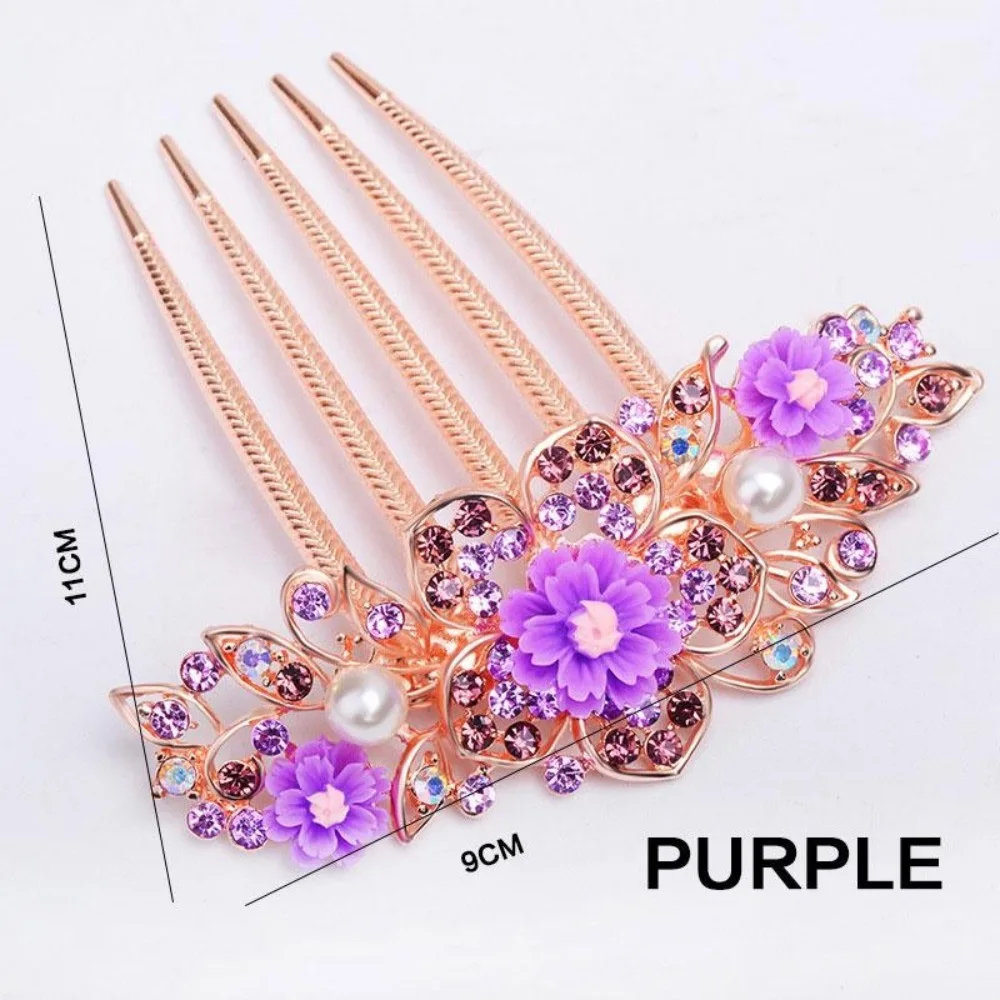 Multicolor Rhinestone Flower Hair Comb - Elegant Five-Tooth Hair Clip Accessory for Women