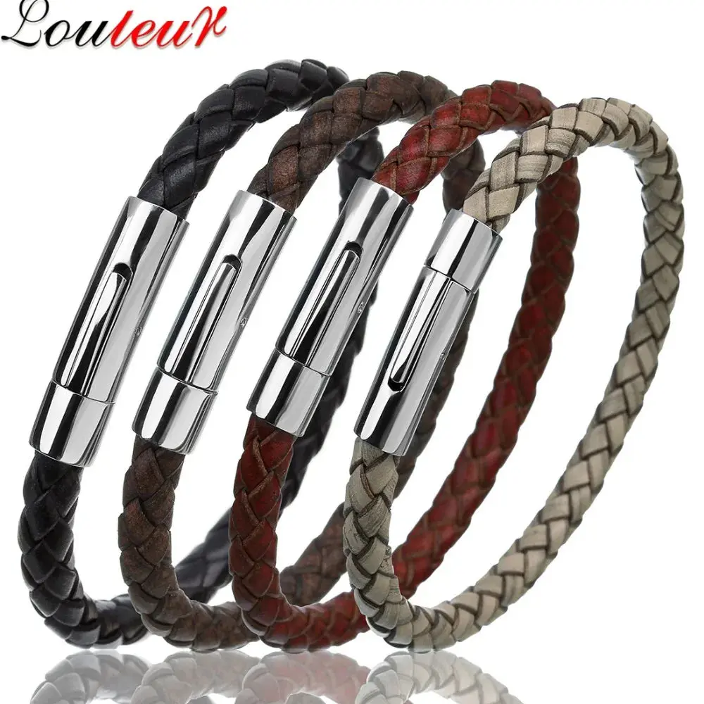 Men's Multicolor Stainless Steel Button Leather Bracelet - Braided Leather, Magnetic Clasp. Chain Link Type.