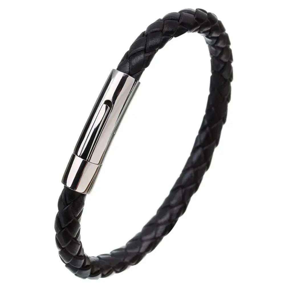 Men's Multicolor Stainless Steel Button Leather Bracelet - Braided Leather, Magnetic Clasp. Chain Link Type.
