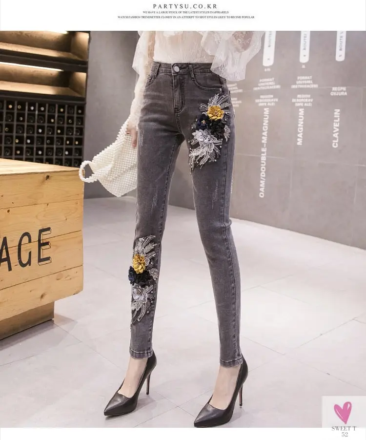 Women's Flower Embroidered Straight leg Jeans - Female Casual Pencil Pants, Straight Leg Jeans