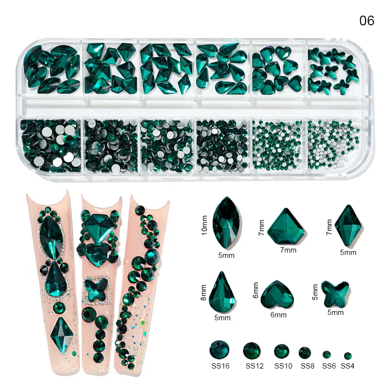 12 Gird Box Multi-Size AB/Colorful Non-Hotfix Rhinestones, Flatback Crystal, Diamond Gems, 3-D Glitter Nail Art - Luxurious Decorations