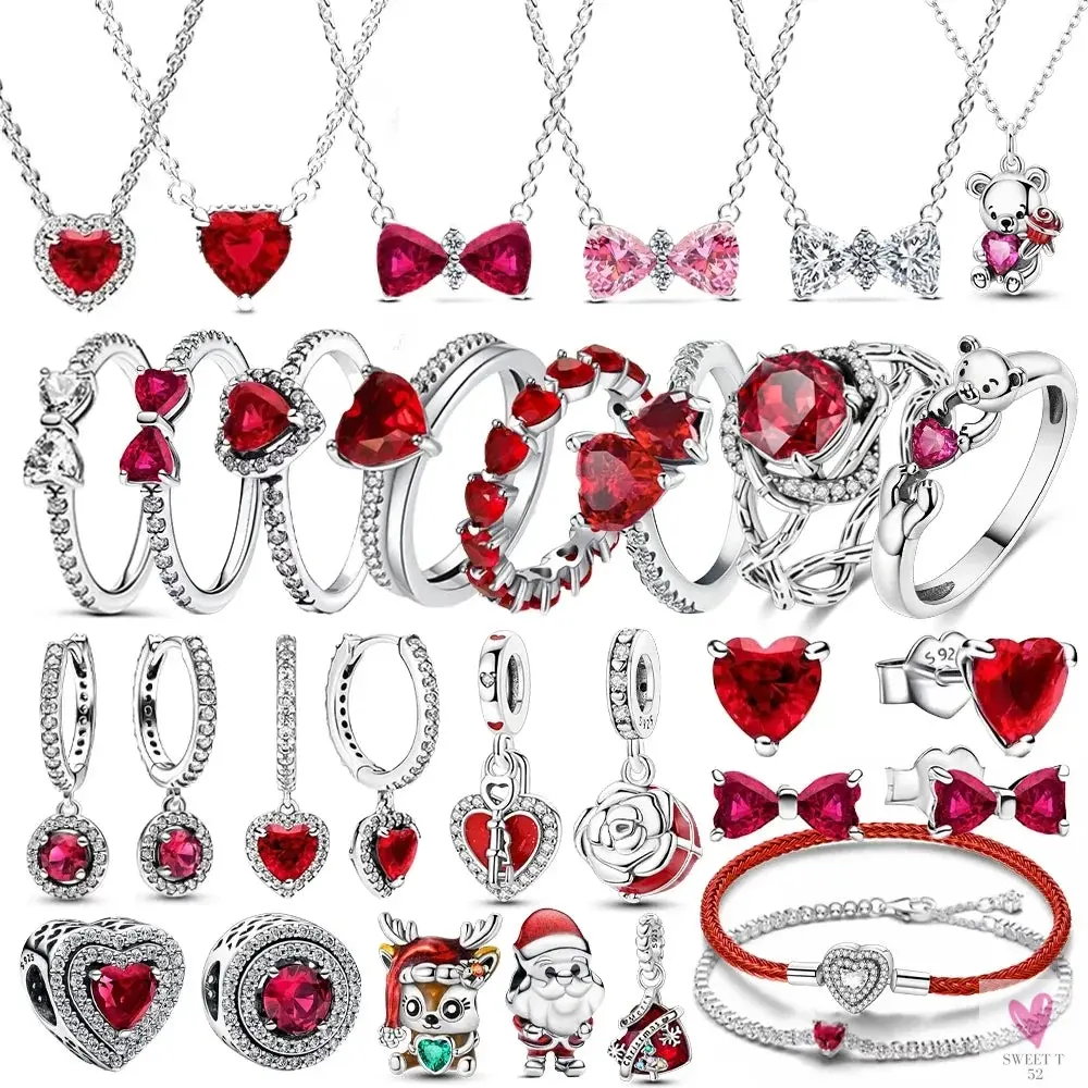 S925 Sterling Silver Valentine's Day Red Series, Red Heart Charm, Bow, Ring, Heart Necklace, Bracelet - DIY for Women