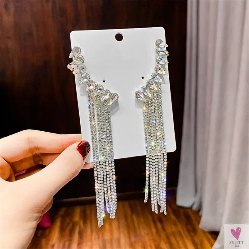 Long Tassel Rhinestone/Crystal Drop/Dangle Earrings for Women and Girls in Gold and Silver - Fashion Jewelry