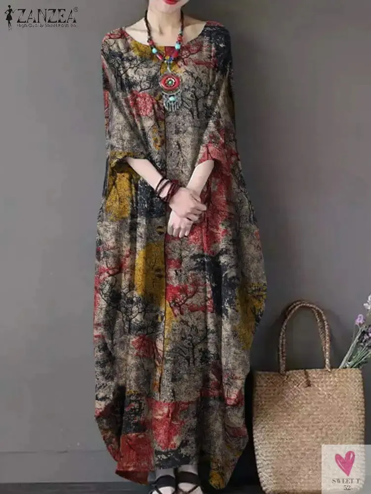 Women's Floral Printed Summer Dress, Femme Short Sleeve Long Sundress (Bohemian) Oversized Beach/Holiday Dress