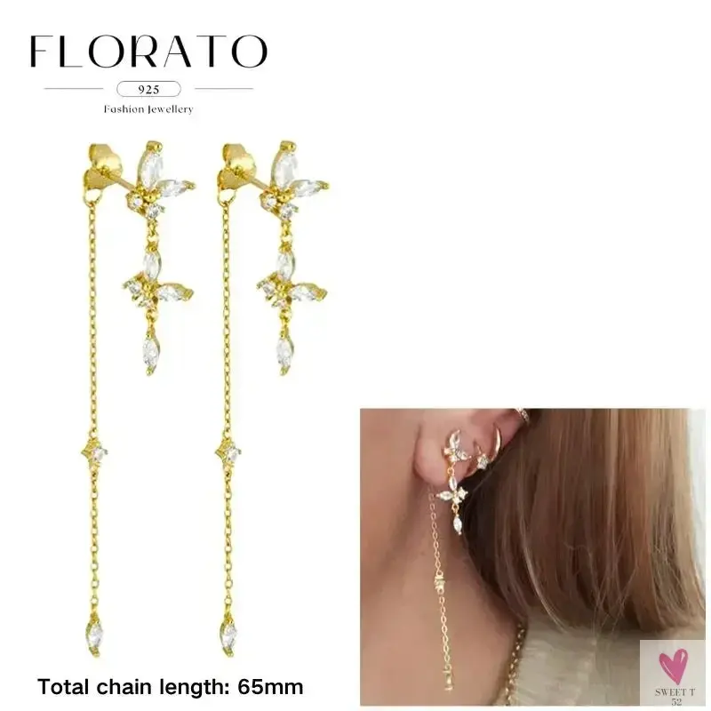 925 Sterling Silver Long Chain Tassel Drop Earrings for Women - Crystal Zircon Star Perforation Earrings, Fine Jewelry