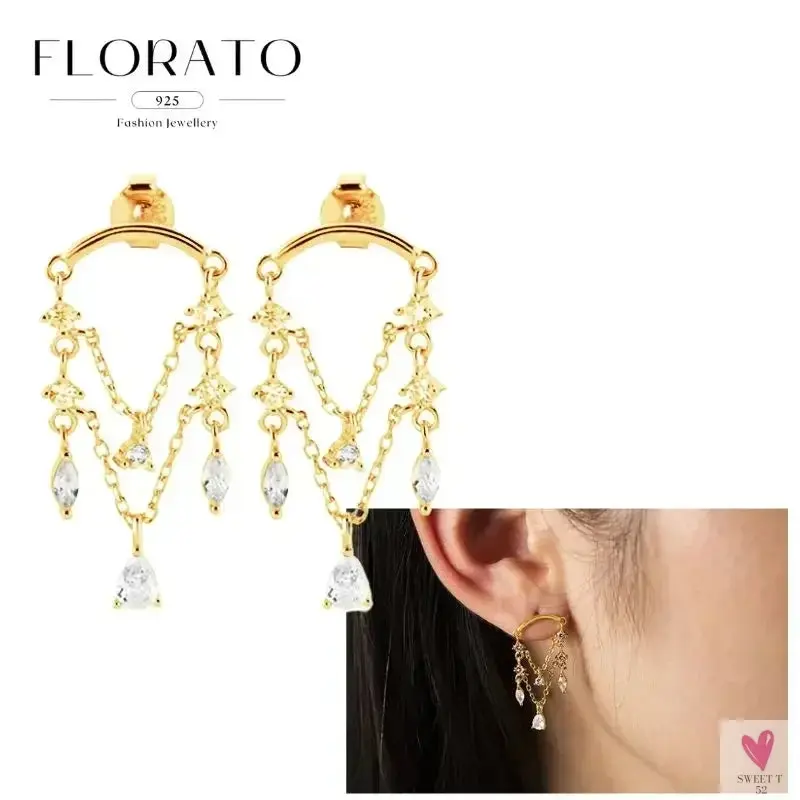 925 Sterling Silver Long Chain Tassel Drop Earrings for Women - Crystal Zircon Star Perforation Earrings, Fine Jewelry