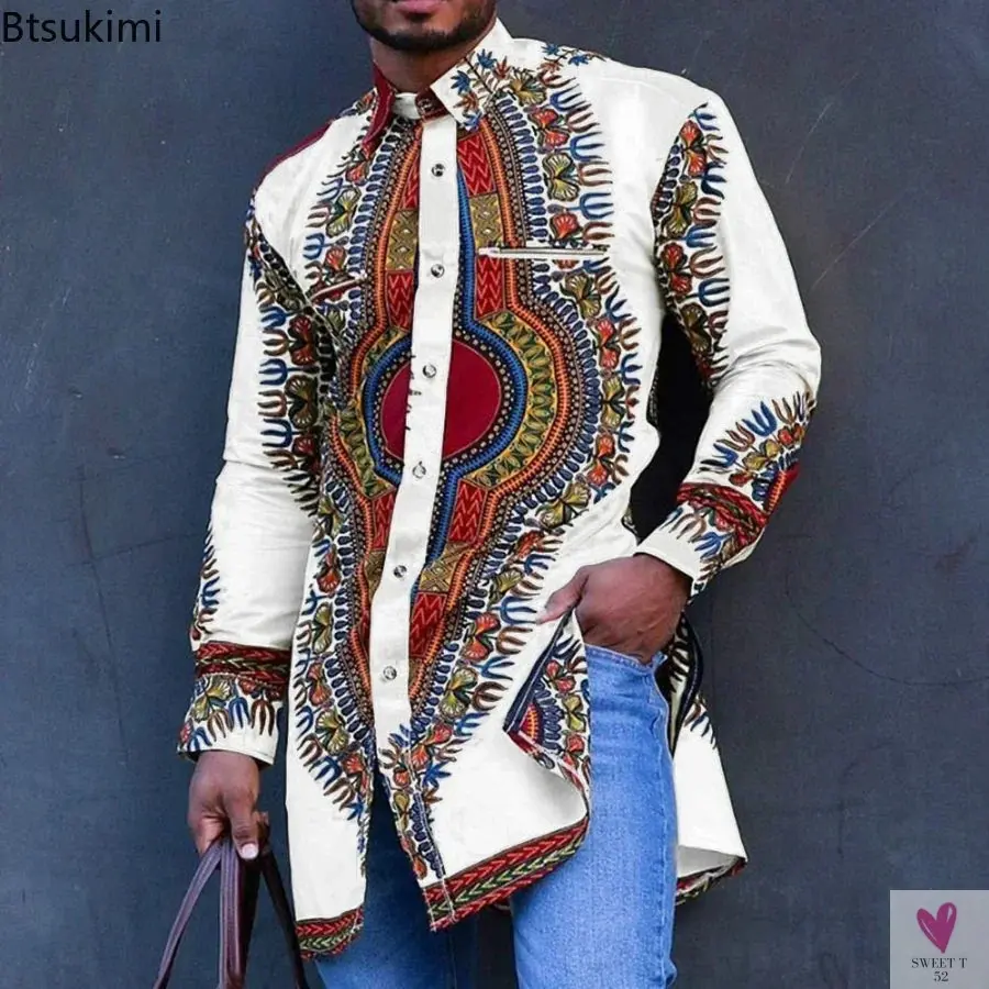 African Men's Clothing, Ethnic Print, Plus Size Tops - Wedding Wear.  Classic Men's Long Sleeve Shirts, Traditional Casual Shirts