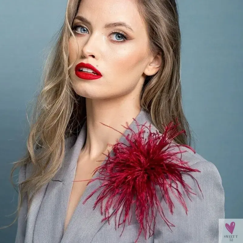 Ostrich Feather Brooch for Clothes or Hair wear - Black/Red Plumes Brooch for Wedding Party, DIY Jewelry or Shoe Decor