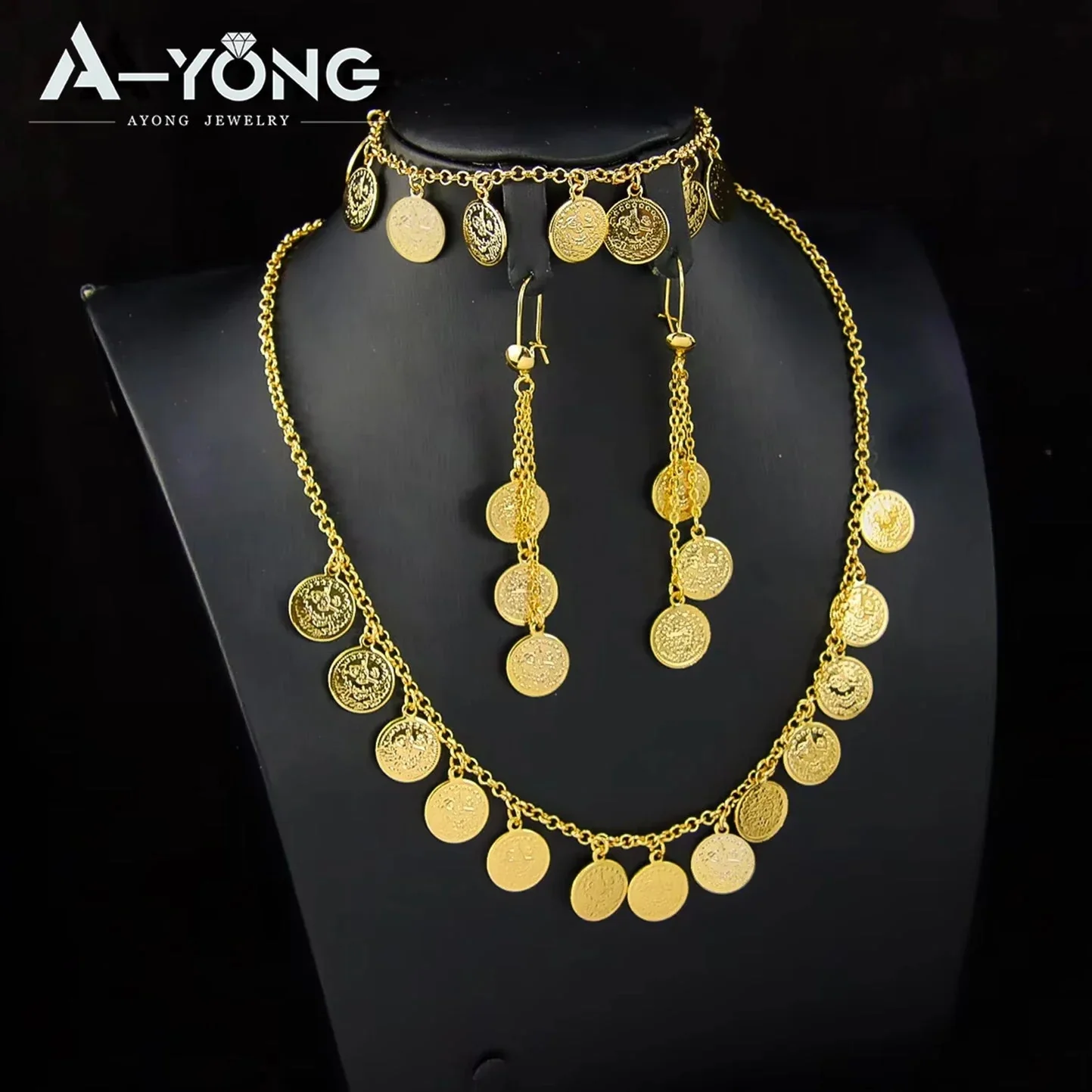 Luxury Arabic Gold Color Coins Necklace Set 21k Gold Plated Turkish Coin Chains Islamic Muslim Women Wedding Party Jewelry
