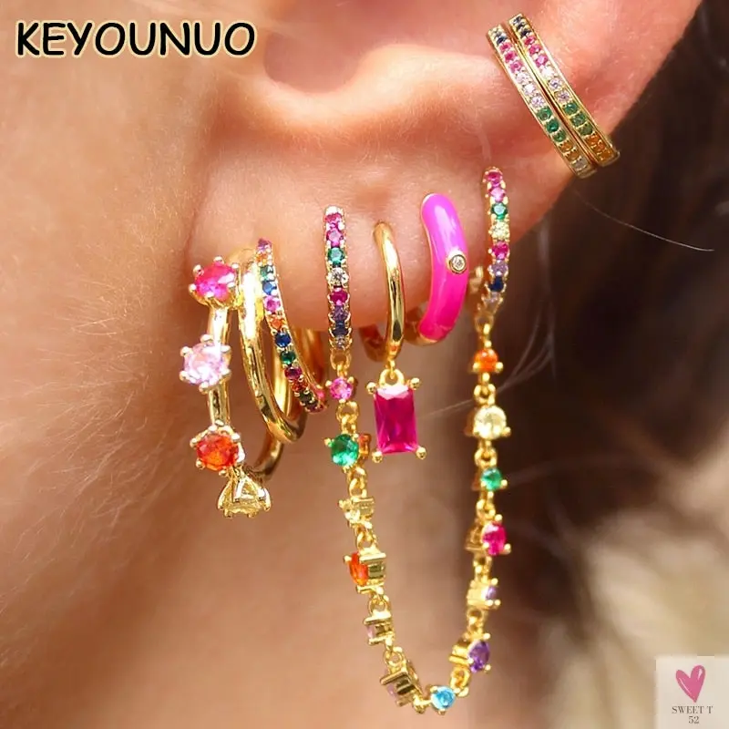 Gold Filled Stud Earrings  For Women & Girls - Ear Cuffs, Colorful Zircon Dangle Hoop Earrings, Fashion, Party Jewelry