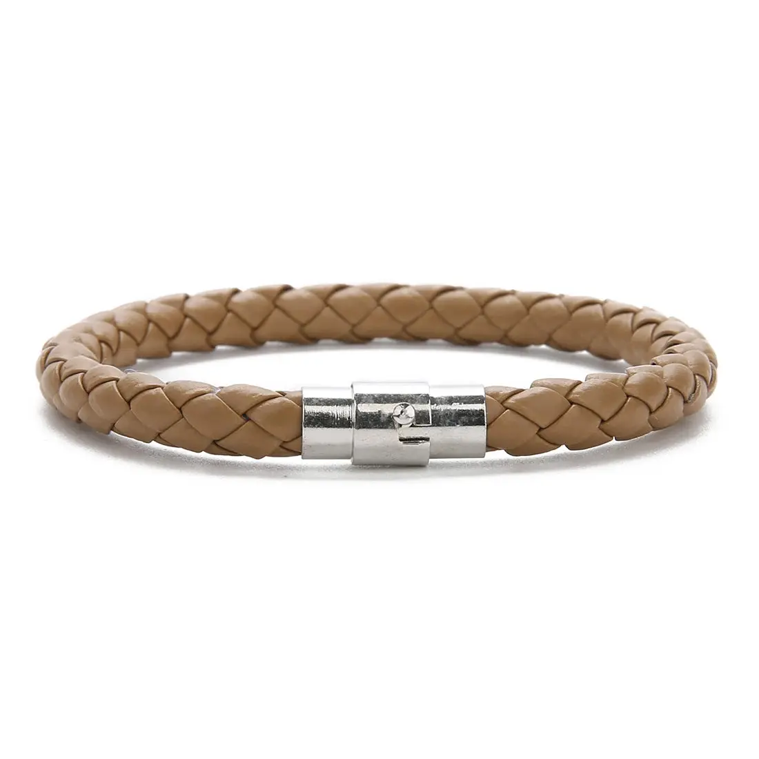 Men's Multicolor Stainless Steel Button Leather Bracelet - Braided Leather, Magnetic Clasp. Chain Link Type.