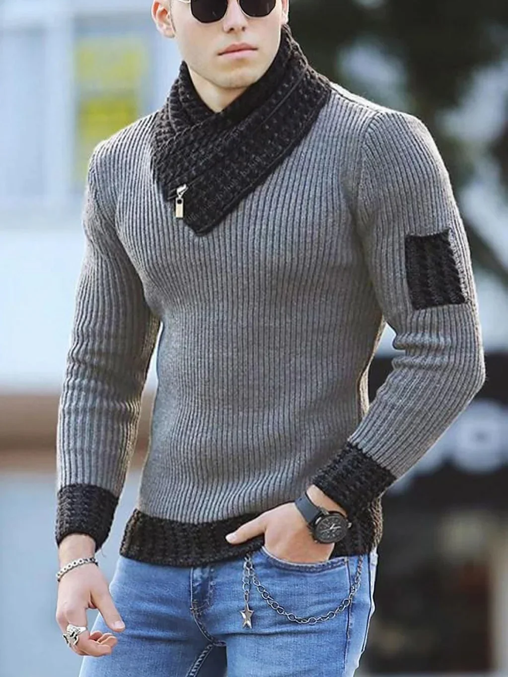 Men's High Collar Long Sleeve Sweater, Trendy Color-Block Knitted Shirt, Casual Wear, Comfortable and Soft