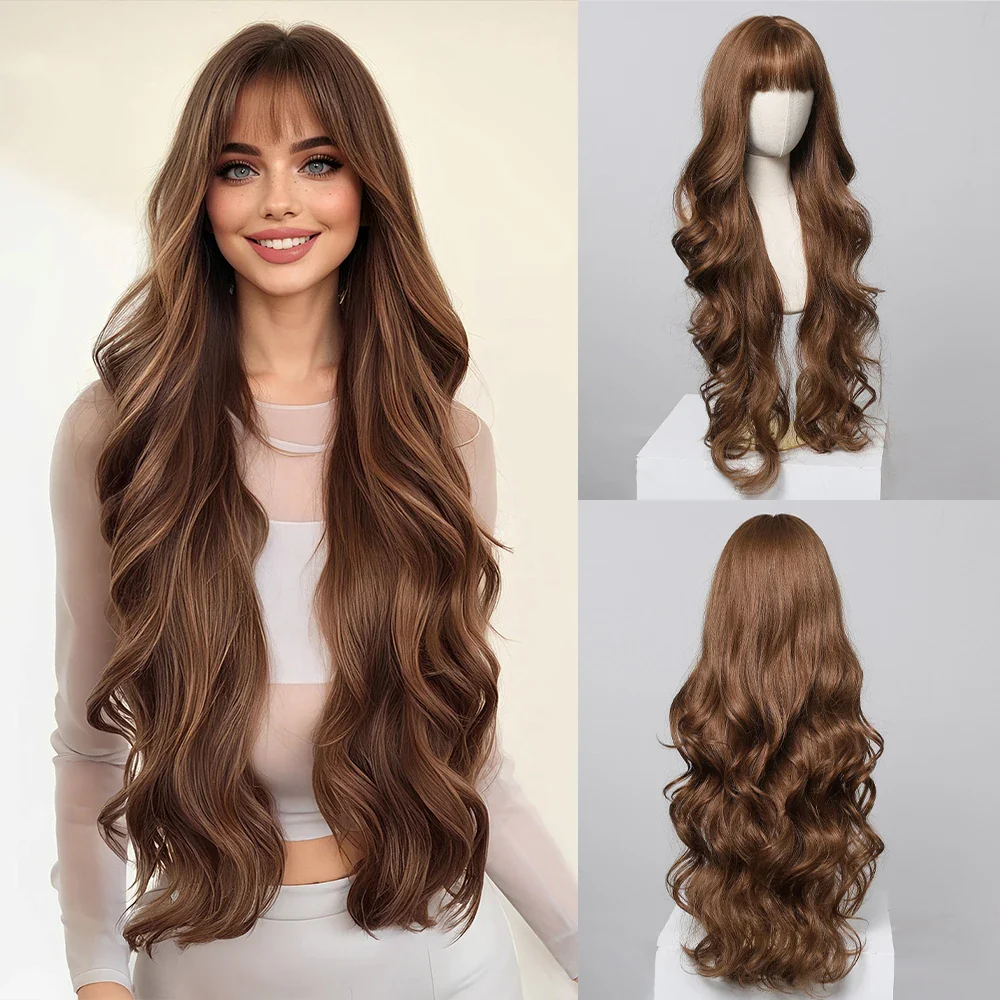 Long Wavy Synthetic Wigs, Long Wavy Ombre Wigs with Bangs for Women, Heat Resistant