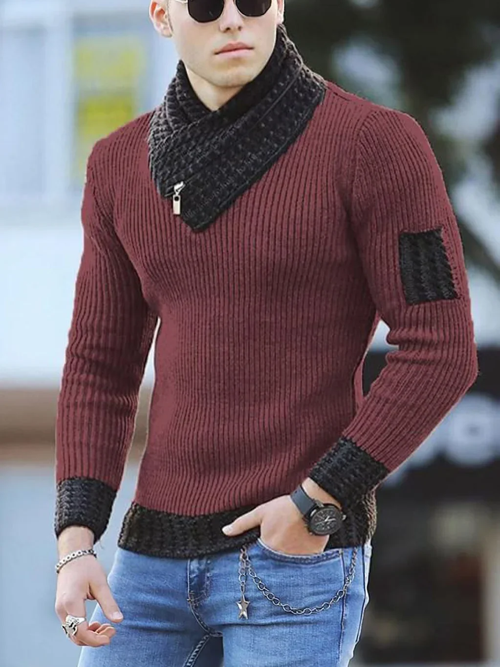 Men's High Collar Long Sleeve Sweater, Trendy Color-Block Knitted Shirt, Casual Wear, Comfortable and Soft
