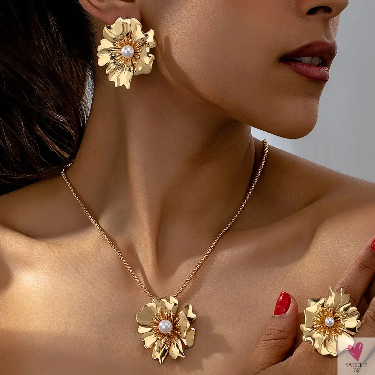 Flower Jewelry Set, Gold Metal/Pearl/Petal Pendant Necklace, Earrings & Ring for Women