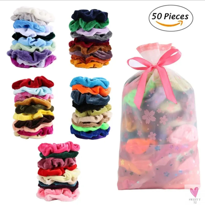 1 to 50 Color Vintage Hair Scrunchies Pack  -  Stretchy Velvet Scrunchy Elastic Hair Bands for Girls