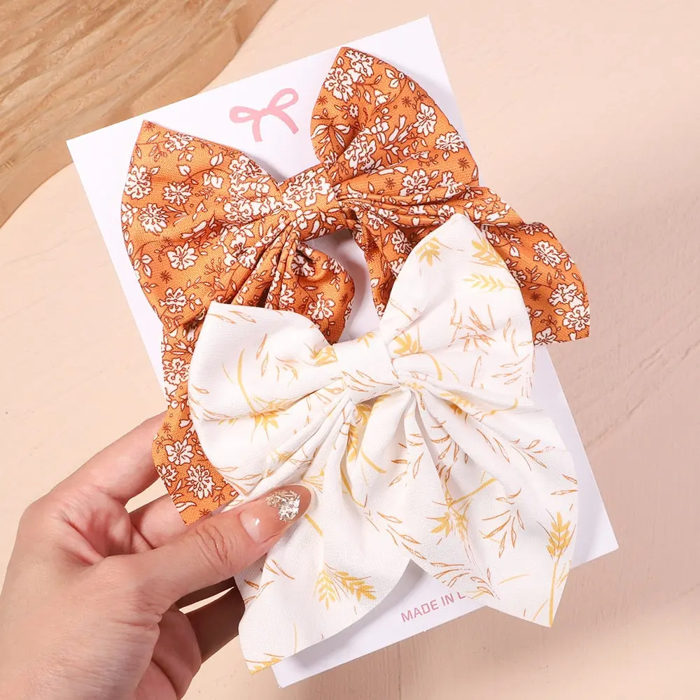 Cute Multi-Patterned and Solid Color Hair Bows/Clips for Girls in a 2 Piece Set