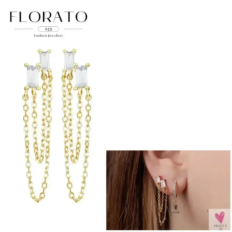 925 Sterling Silver Long Chain Tassel Drop Earrings for Women - Crystal Zircon Star Perforation Earrings, Fine Jewelry