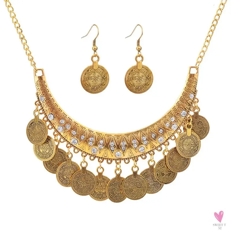 Vintage Engraved Coin Bib Statement Necklace - Boho Gold/Silver Plated Coins Tassel Bracelet, Chic Rhinestone Jewelry Sets for Women