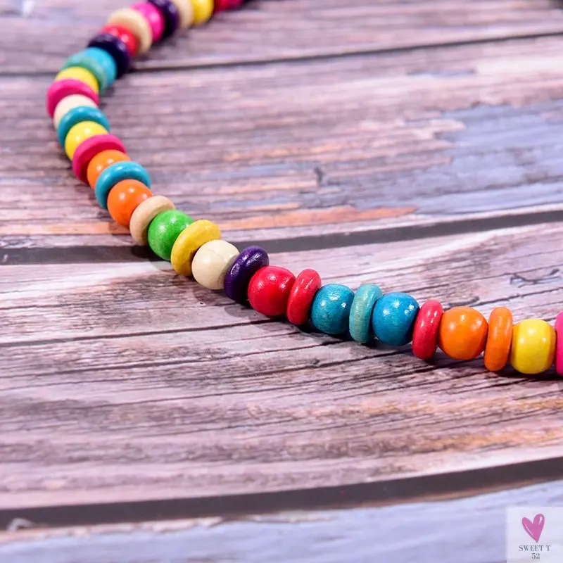 Bohemian Multi-Layer Handmade Wood Long Necklace For Women & Girls, Big Flower Collar, Colorful Bead Pendant Jewelry