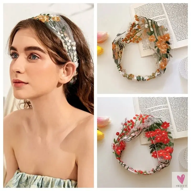 Elegant Lace Headbands for Women & Girls, Fashion Embroidery, Elastic Ribbon Hair Hoops, Non-slip Hair Bands