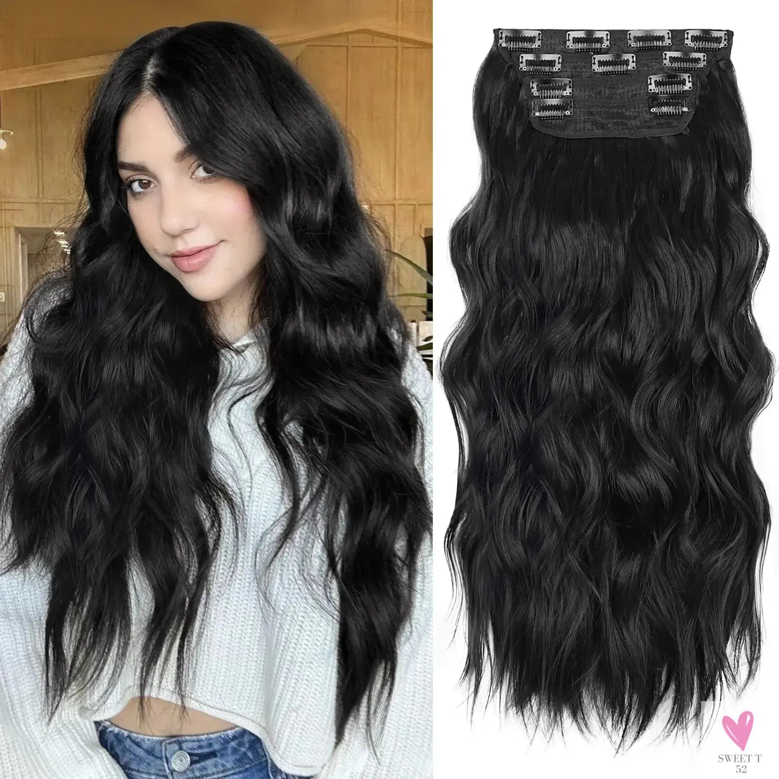 Clip-in Hair Extensions, Long Wavy Synthetic Hair Extensions, 20 Inch, 4PCS, Thick Hairpieces for Women