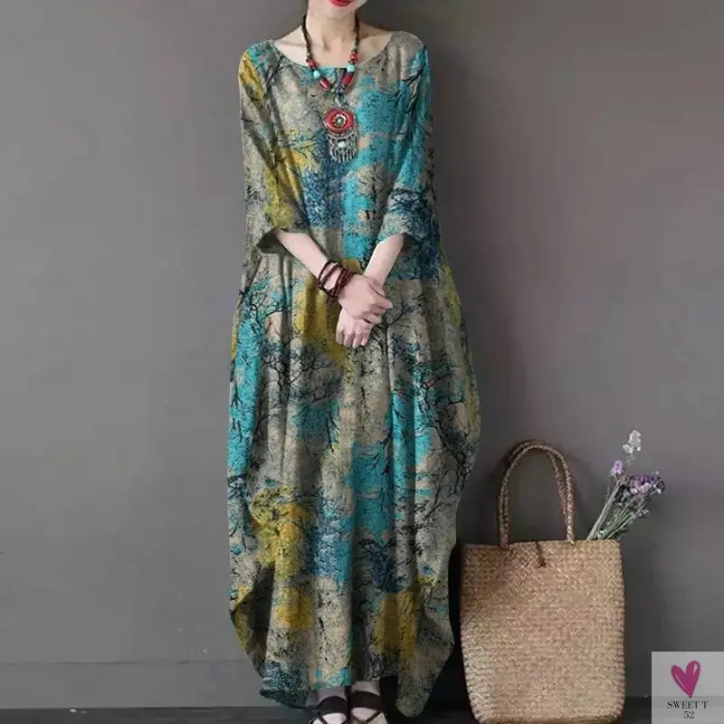 Women's Floral Printed Summer Dress, Femme Short Sleeve Long Sundress (Bohemian) Oversized Beach/Holiday Dress