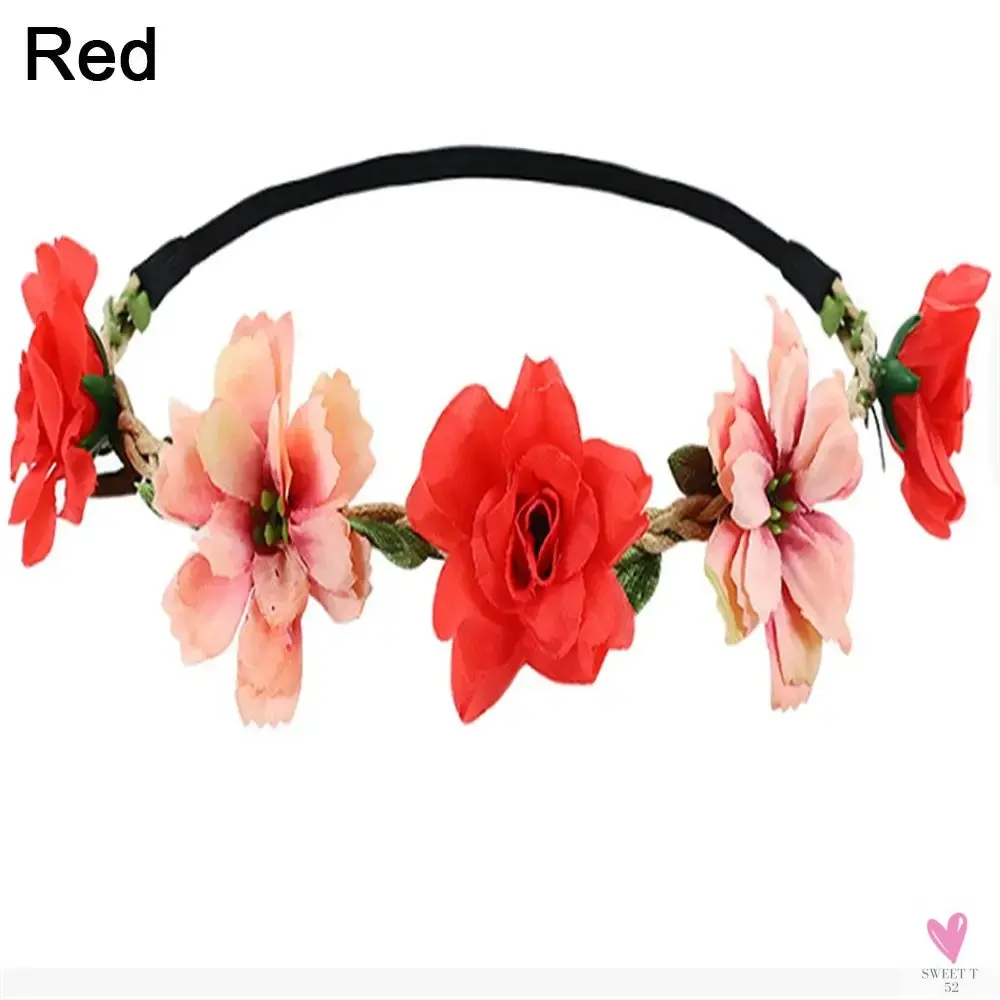 Rustic Wedding/Bridesmaid Hair Accessories - 1 pc Women's Floral Wreath, Pink Rose Flower Garland Headpiece with Adjustable Ribbon