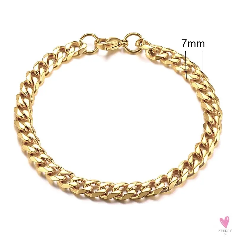 Wide Curb Cuban Basic 3/5/7/9/11mm Chain Link Bracelets for Men/Women -  Anti Allergy Stainless Steel Wrist Wear