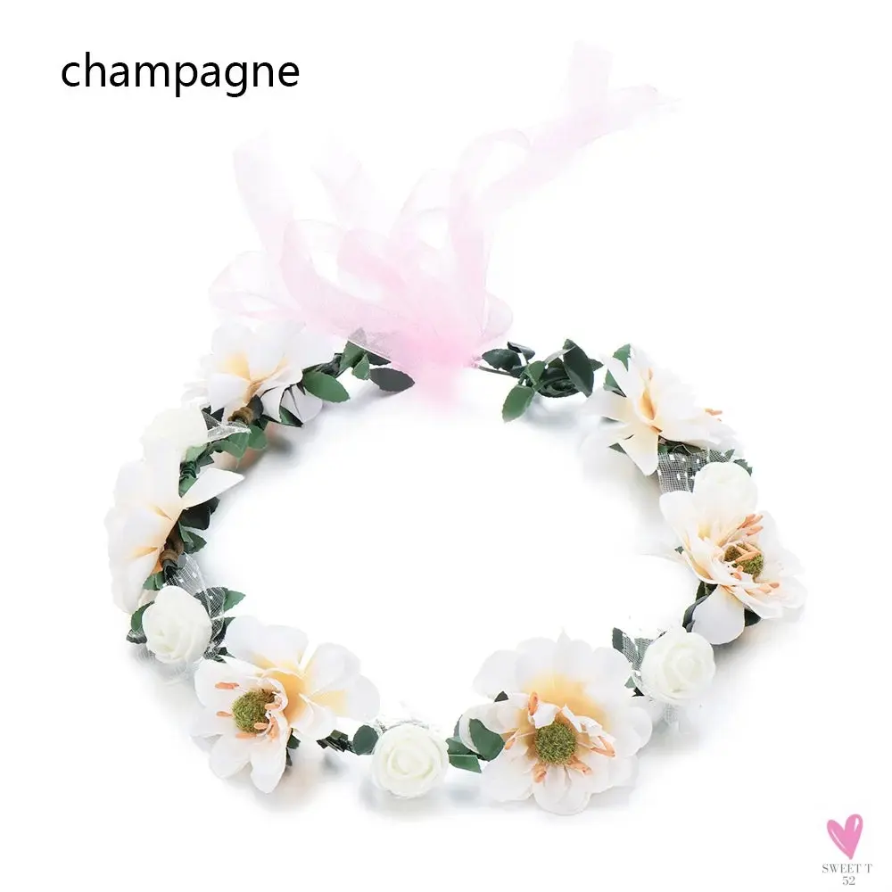 Rustic Wedding/Bridesmaid Hair Accessories - 1 pc Women's Floral Wreath, Pink Rose Flower Garland Headpiece with Adjustable Ribbon