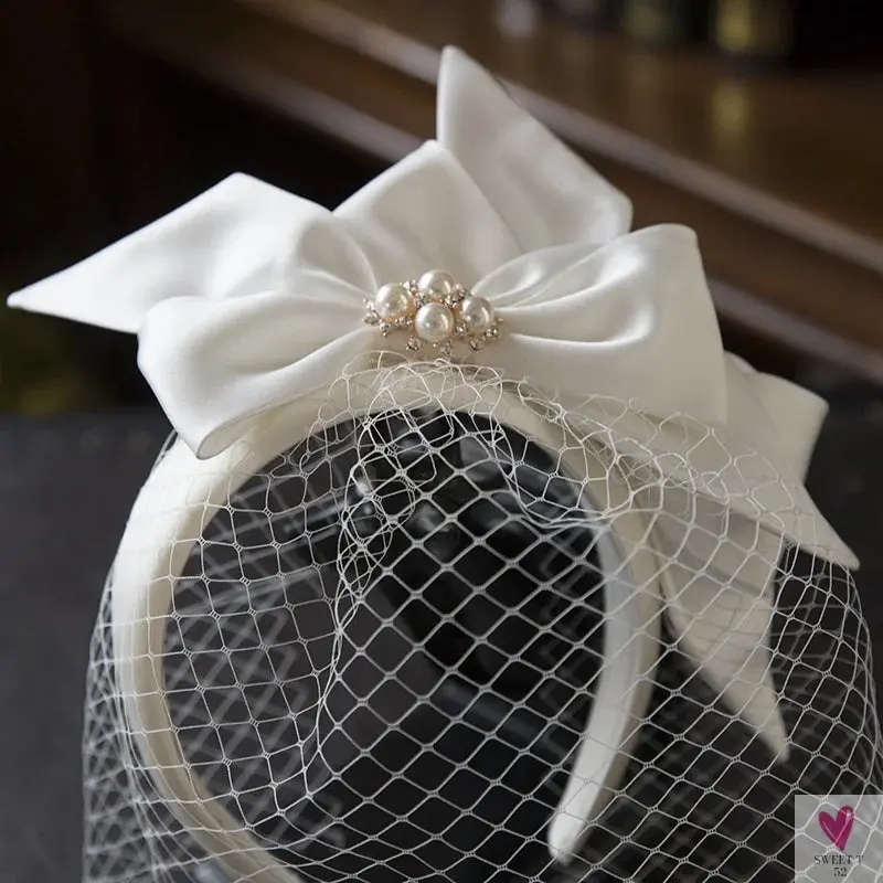 White Bridal Hairband - Mesh Satin Bow Headband, Vintage Fairy Bridal/Wedding Hair Accessory