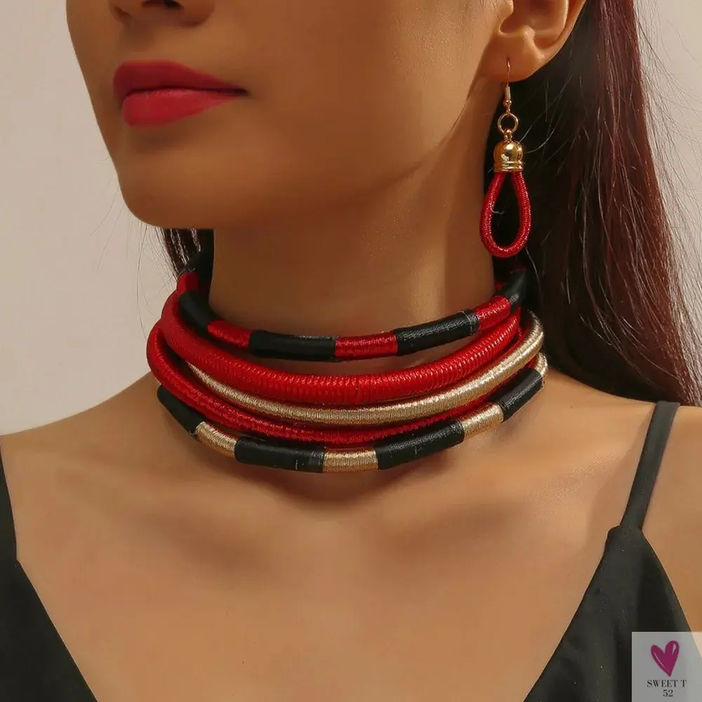 Multi-layer Woven African Beads Choker Necklace & Earring Sets for Women and Girls