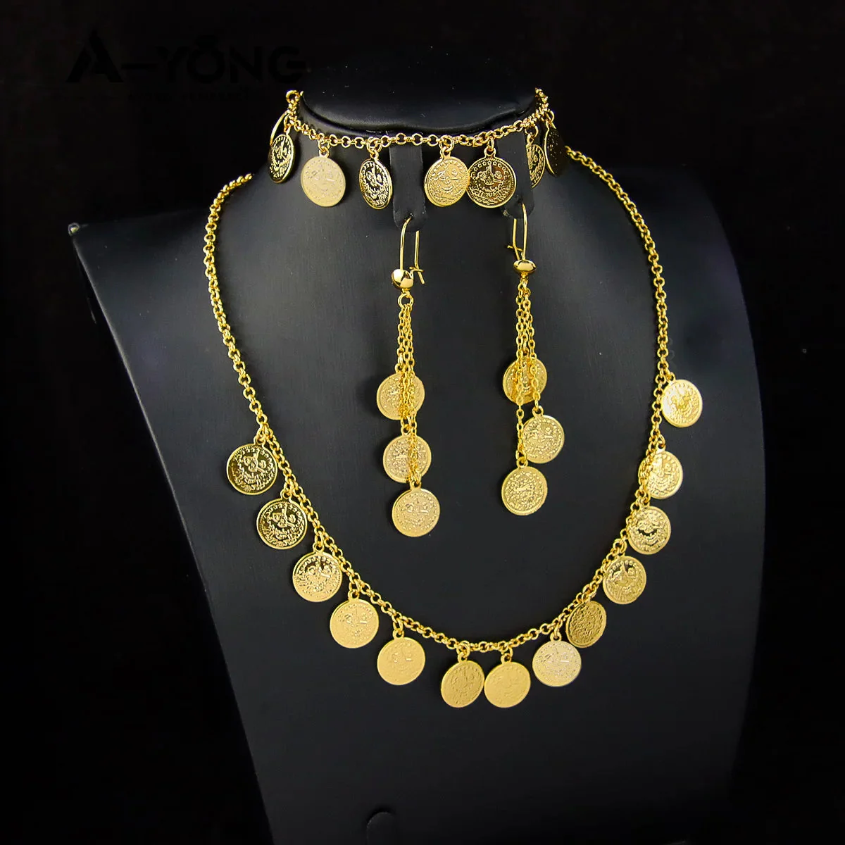 Luxury Arabic Gold Color Coins Necklace Set 21k Gold Plated Turkish Coin Chains Islamic Muslim Women Wedding Party Jewelry