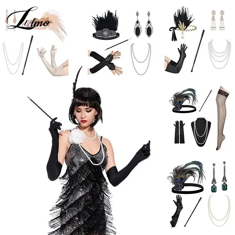 1 Set 1920's Flapper/Charleston Costume, 1920s Gatsby Accessories, Black Headpiece, Great Gatsby Feather Headband
