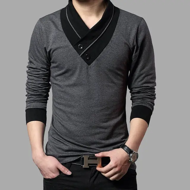 Patchwork Collar Long Sleeve T Shirt for Men & Boys, V-Neck, Cotton/Spandex, Plus Sizes