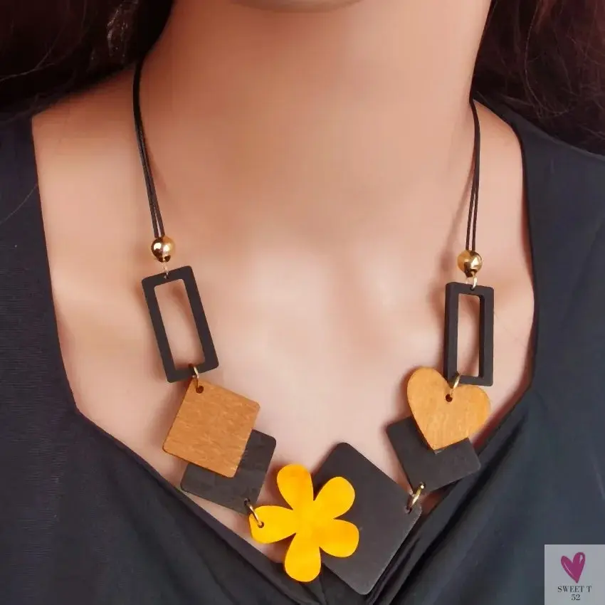 Geometric Wooden Pendant, Flower Sweater Chain Necklace, Vintage Ethnic Style for Women