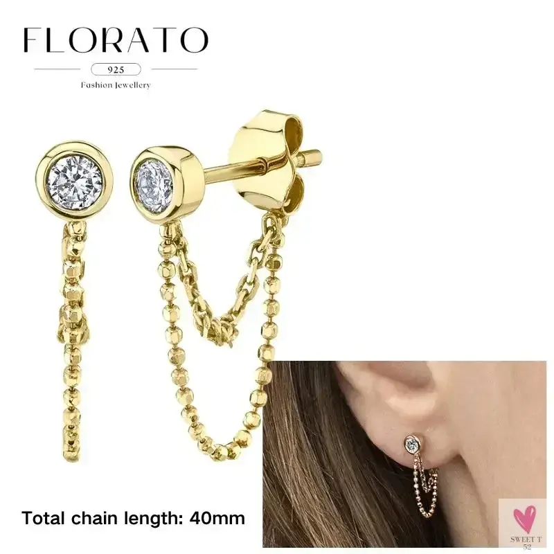 925 Sterling Silver Long Chain Tassel Drop Earrings for Women - Crystal Zircon Star Perforation Earrings, Fine Jewelry