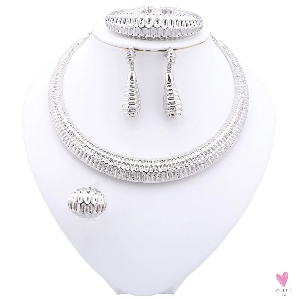 Dubai Women's Jewelry Sets, Silver Plated Necklace, Bracelet, Earrings and Ring Set.  African Bridal Wedding, Gifts