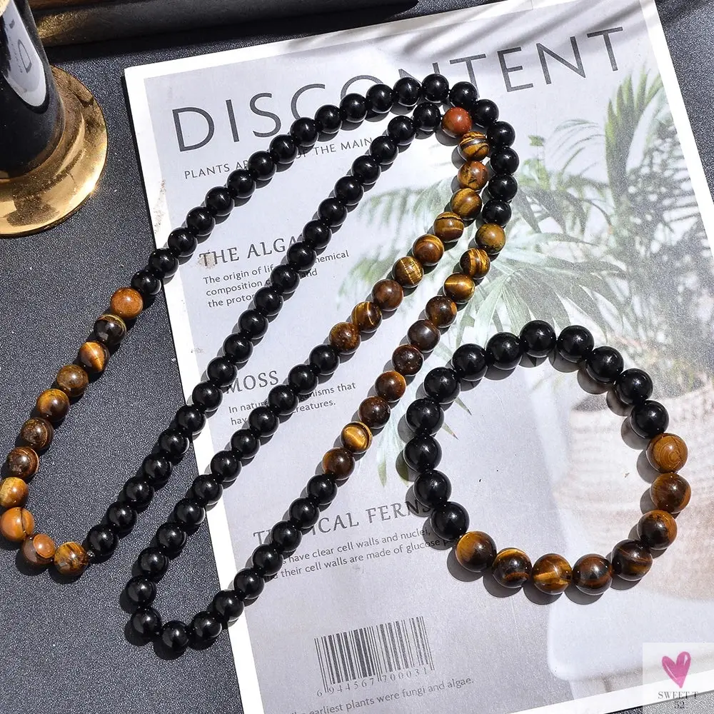 8 mm Yellow Tiger Eye Black Onyx Beaded Necklace for Men & Women - Choker or Long Necklace Jewelry Set