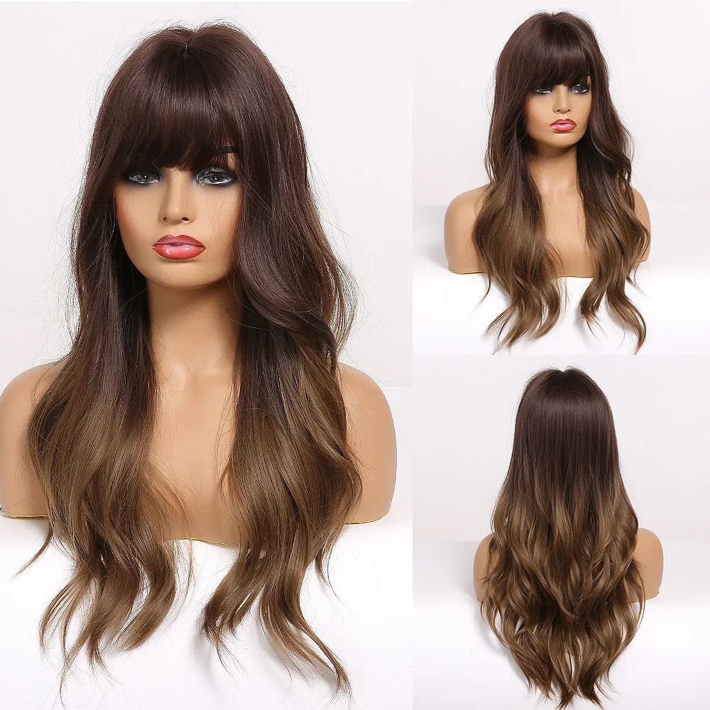 Long Wavy Synthetic Wigs, Long Wavy Ombre Wigs with Bangs for Women, Heat Resistant