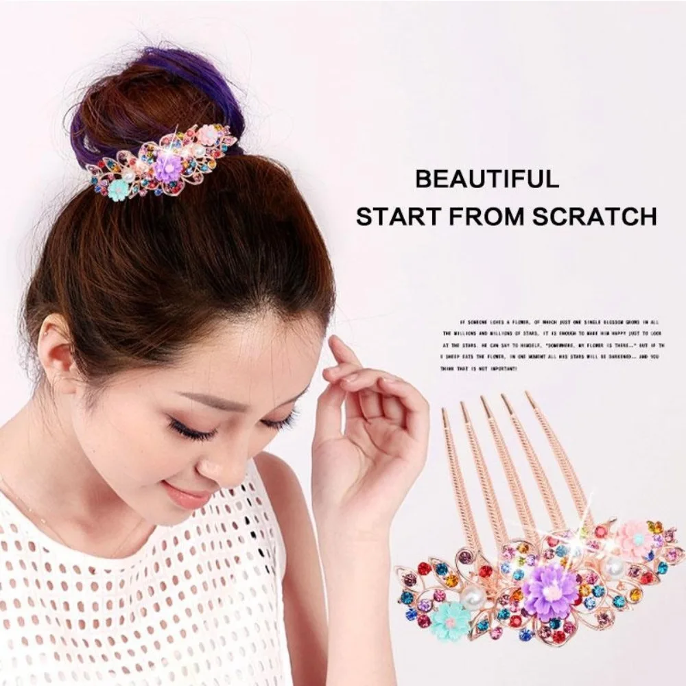Multicolor Rhinestone Flower Hair Comb - Elegant Five-Tooth Hair Clip Accessory for Women